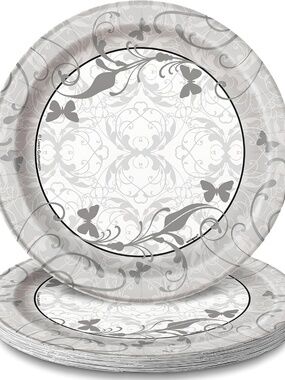 Victorian Wedding Dessert Plates, Elegant Gray Butterfly 7-Inch Paper Plates 8ct